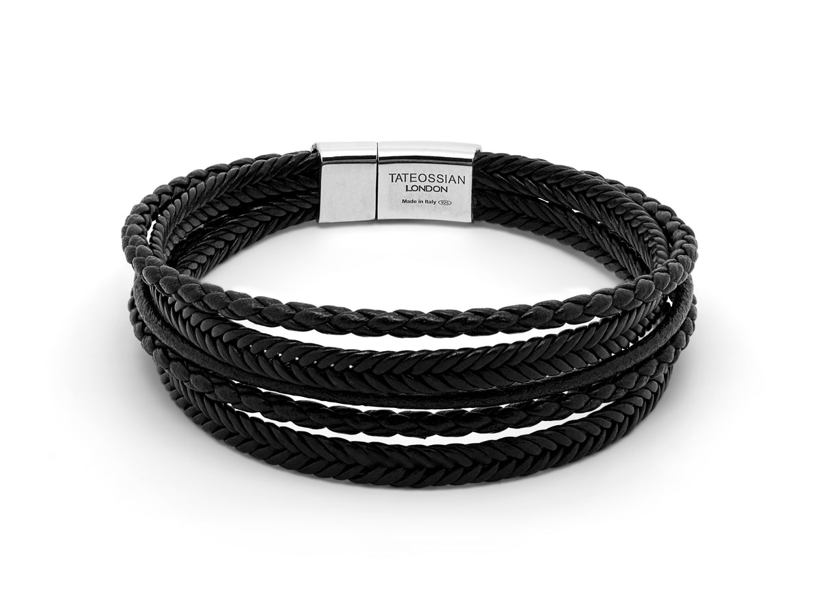 Charles Black Leather Bracelet With Rhodium Plated Silver