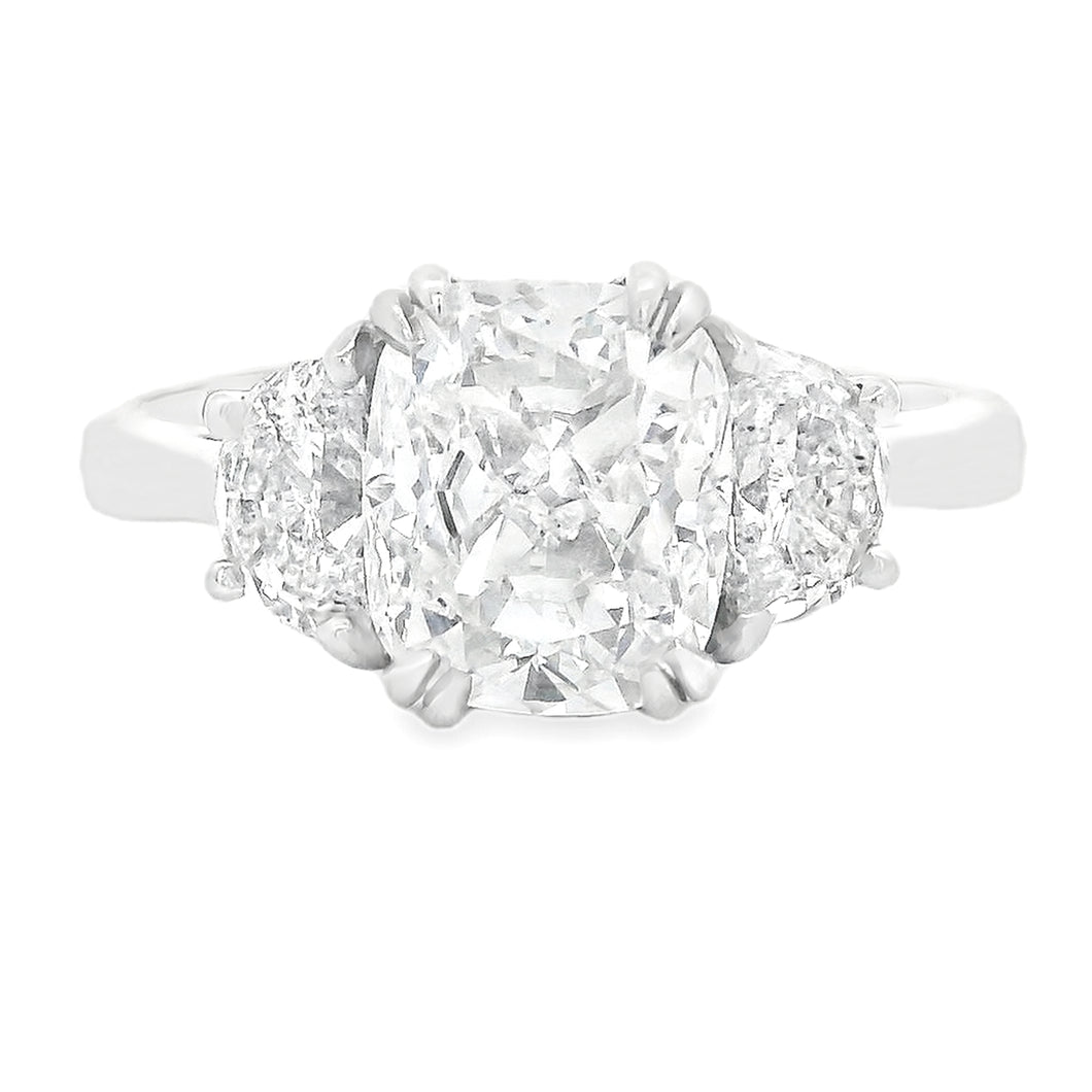 2.96ct Three Stone Cushion Cut Platinum Diamond Engagement Ring