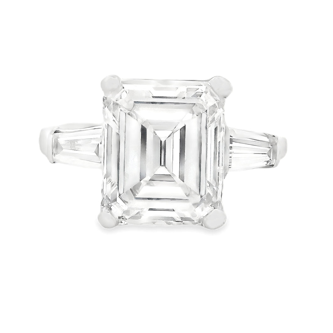 4.28ct Three Stone Emerald Cut Platinum Diamond Engagement Ring