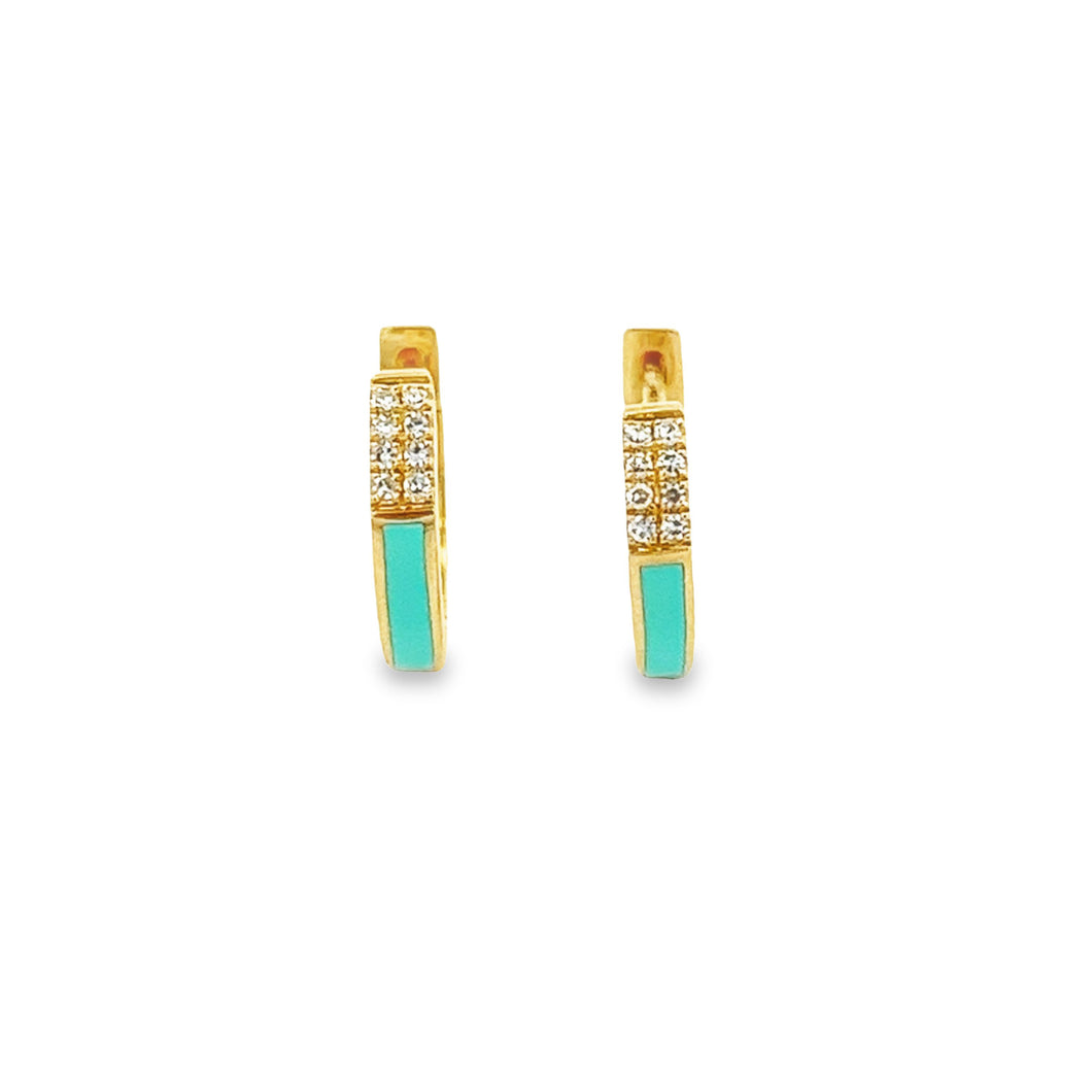 14k yellow gold diamond turquoise enamel huggy earrings. Diamonds t...