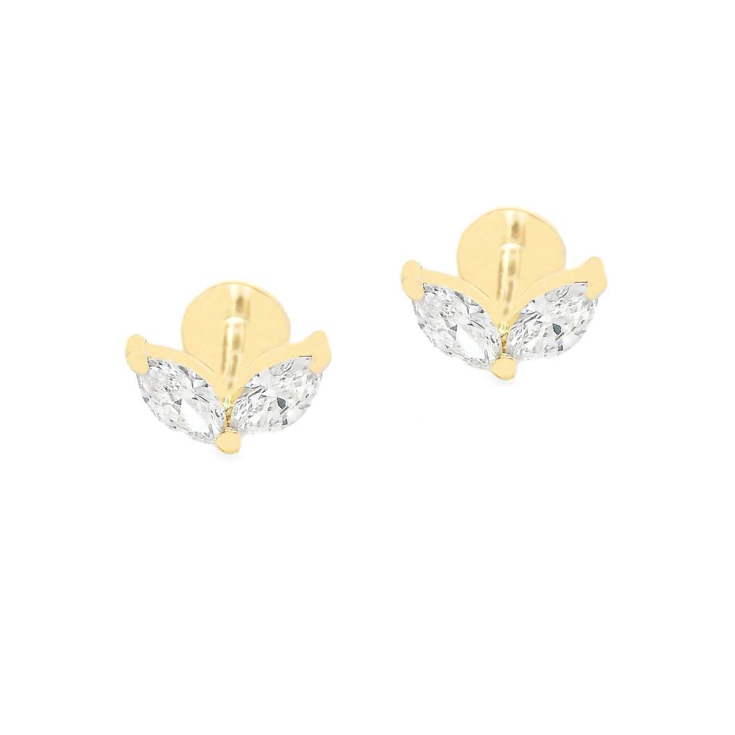 18k gold flat back stud earrings feature 4 marquise cut diamonds. T...