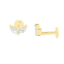 18k gold flat back stud earrings feature 4 marquise cut diamonds. T...