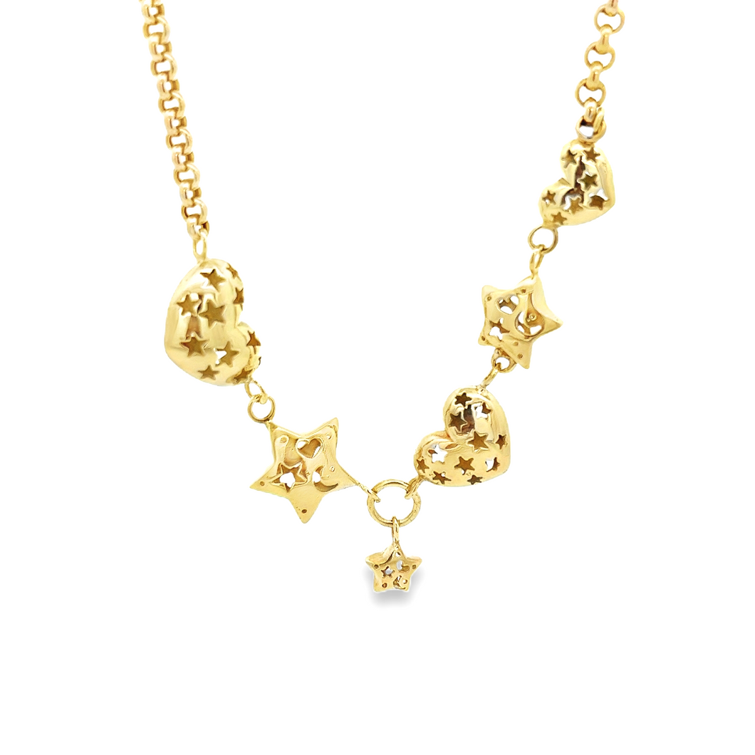 Estate piece: 14k yellow gold heart and star necklace. 3 hearts and...