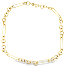 This 14k yellow gold necklace features various types of links. 
Nec...