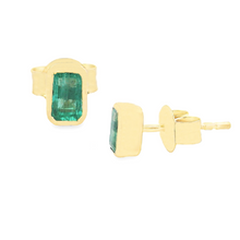 18k yellow gold dainty earrings that feature 2 gorgeous emeralds. T...