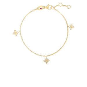 18k yellow gold Love by the inch dangling 3 station flower bracelet...