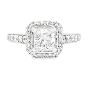 1.05ct Princes Cut 18k White Gold Diamond Halo Engagement Ring