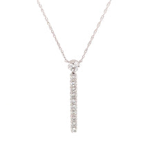 A 14k white gold necklace with a stick pendant featuring 11 round b...