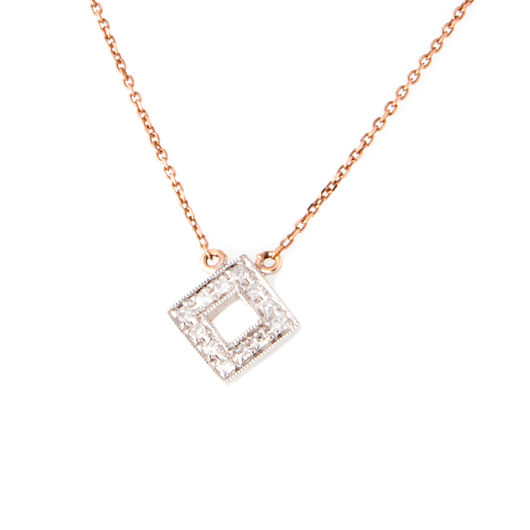 Mini square pendant on a rose gold chain with diamonds totaling .06...