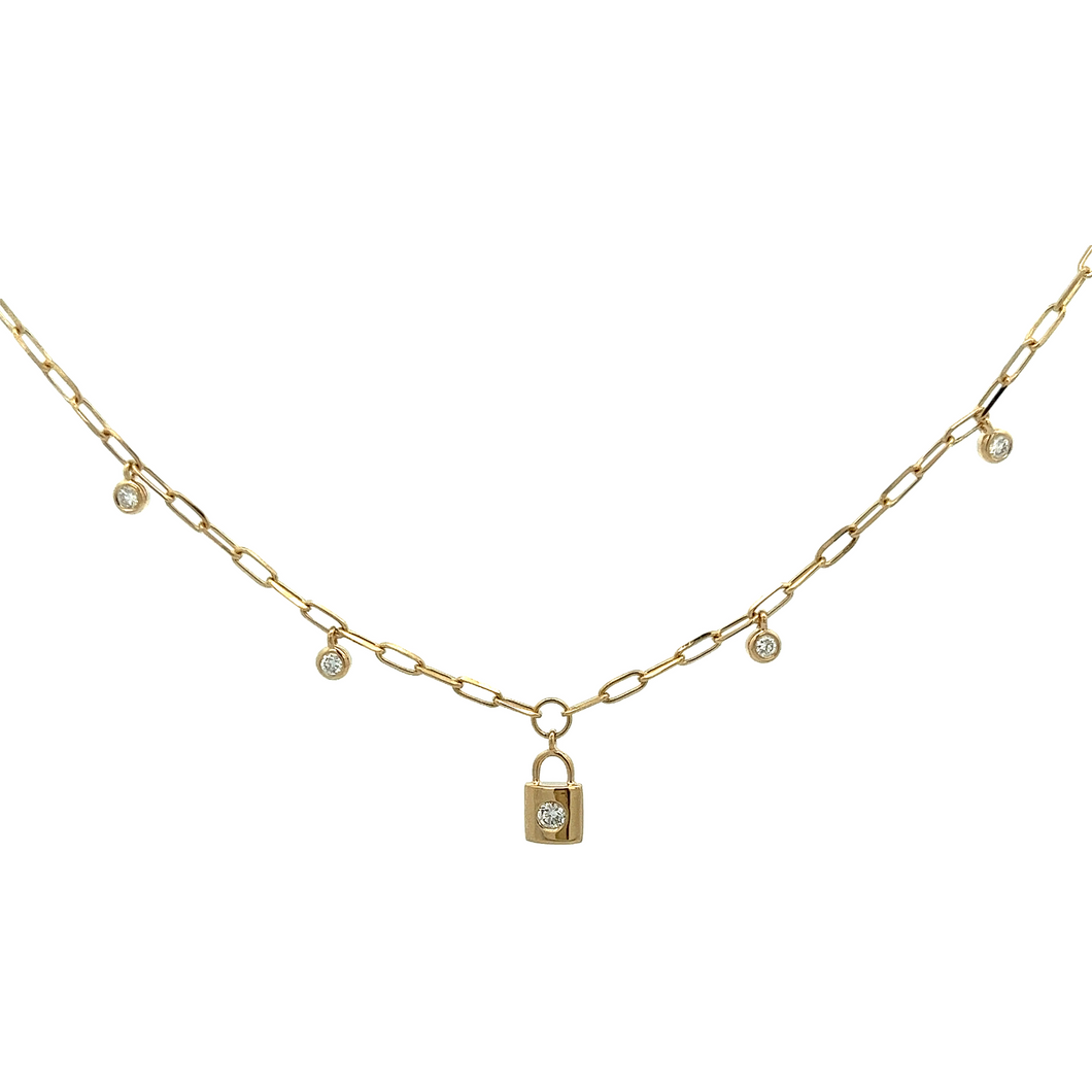 This 14k yellow gold paperclip necklace features 4 bezel-set round ...