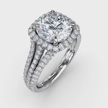 Fana Round Diamond Engagement Ring With Cushion-Shaped Halo and Triple-Row Diamond Band