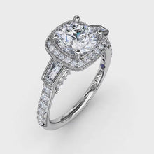 Fana Three-Stone Diamond Halo Engagement Ring With Baguette Side Stones