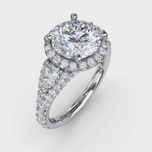 Fana Three-Stone Round Diamond Halo Engagement Ring