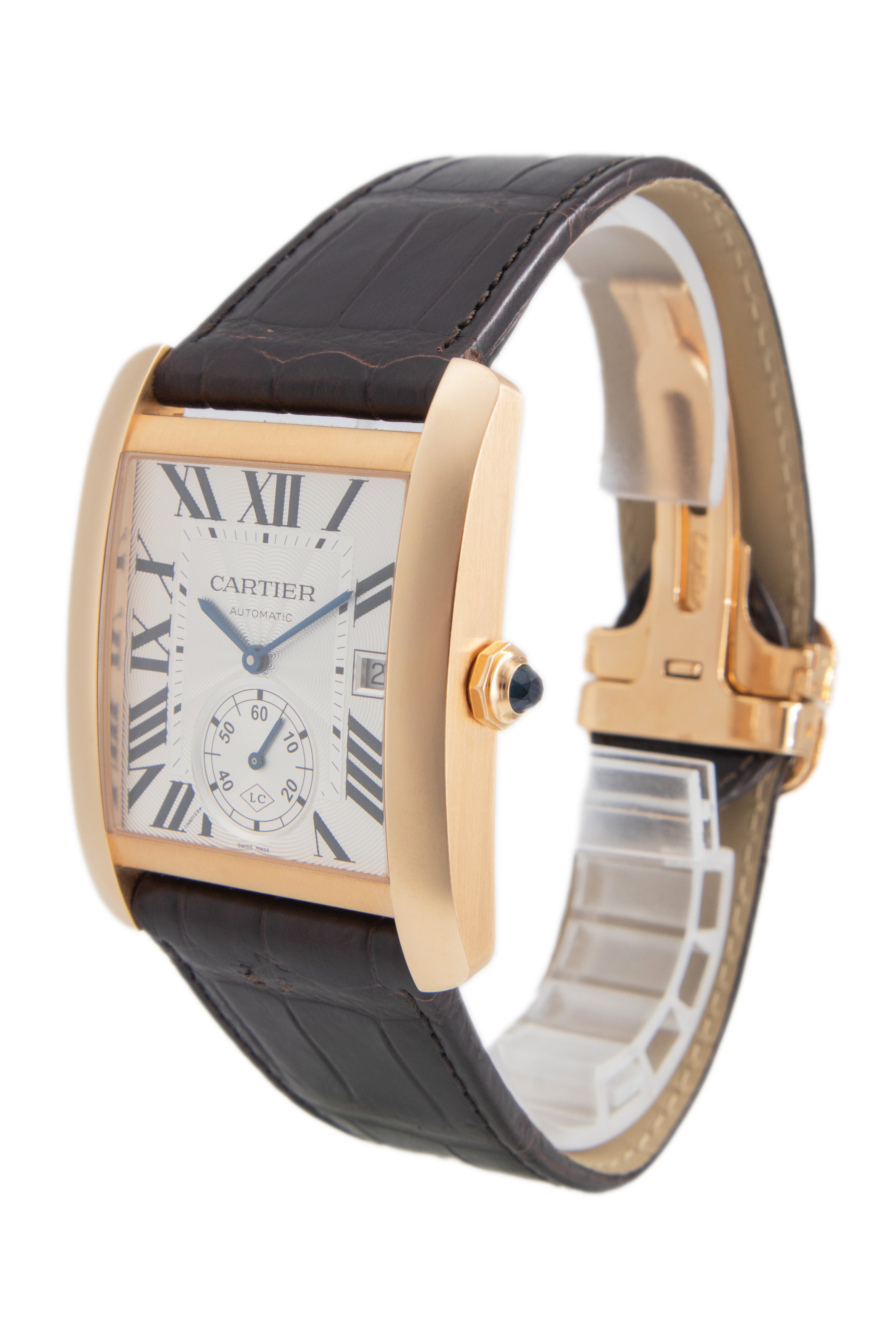 Cartier Tank Solo XL 18k Rose Gold Brown Leather Auto Silver Mens