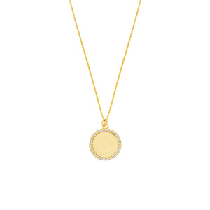 disc pendant with diamonds totaling 1/6CT. Can be personalized