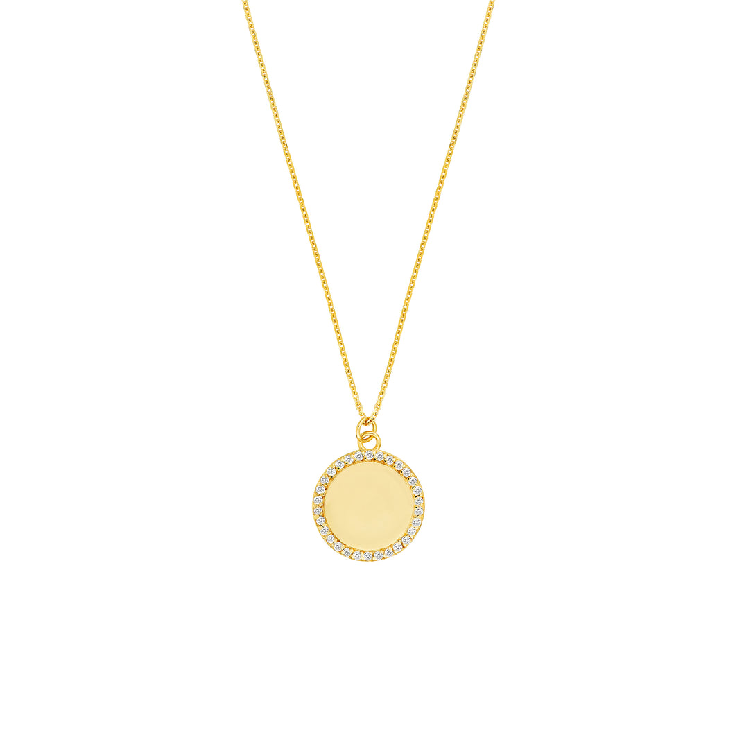 disc pendant with diamonds totaling 1/6CT. Can be personalized