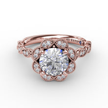 Fana Round Diamond Engagement Ring With Floral Halo and Milgrain Details