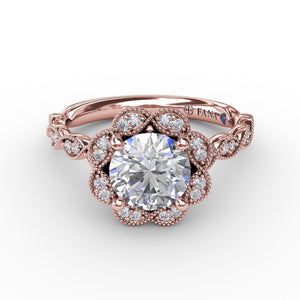 Fana Round Diamond Engagement Ring With Floral Halo and Milgrain Details