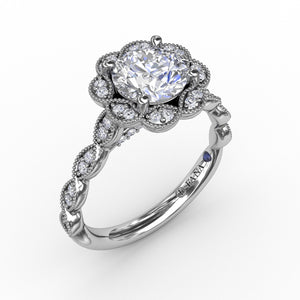 Fana Round Diamond Engagement Ring With Floral Halo and Milgrain Details