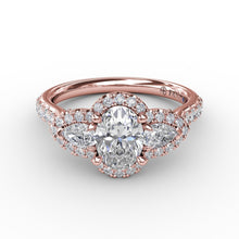 Fana Three-Stone Round Diamond Halo Engagement Ring