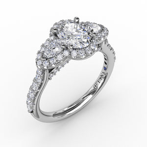 Fana Three-Stone Round Diamond Halo Engagement Ring