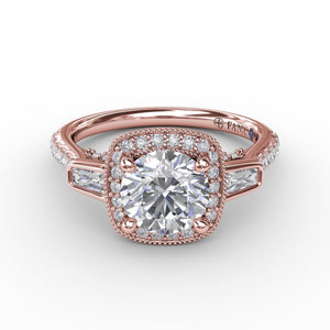 Fana Three-Stone Diamond Halo Engagement Ring With Baguette Side Stones