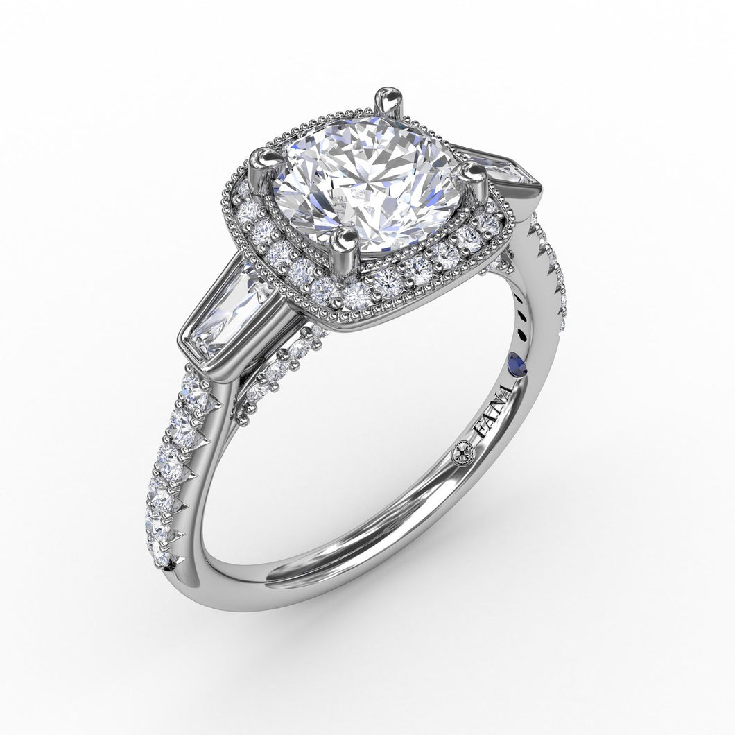 Fana Three-Stone Diamond Halo Engagement Ring With Baguette Side Stones