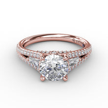 Fana Three-Stone Round Diamond Engagement Ring With Split Diamond Shank and Baguette Side Stones