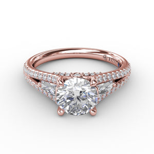 Fana Three-Stone Round Diamond Engagement Ring With Split Diamond Shank and Baguette Side Stones