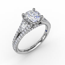 Fana Three-Stone Round Diamond Engagement Ring With Split Diamond Shank and Baguette Side Stones