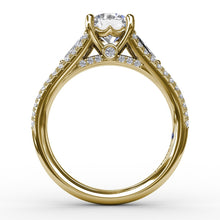 Fana Three-Stone Round Diamond Engagement Ring With Split Diamond Shank and Baguette Side Stones