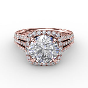 Fana Round Diamond Engagement Ring With Cushion-Shaped Halo and Triple-Row Diamond Band