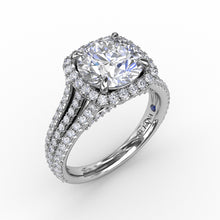 Fana Round Diamond Engagement Ring With Cushion-Shaped Halo and Triple-Row Diamond Band