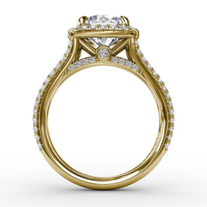 Fana Round Diamond Engagement Ring With Cushion-Shaped Halo and Triple-Row Diamond Band