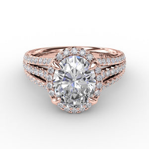 Fana Oval Diamond Halo Engagement Ring With Triple-Row Diamond Band