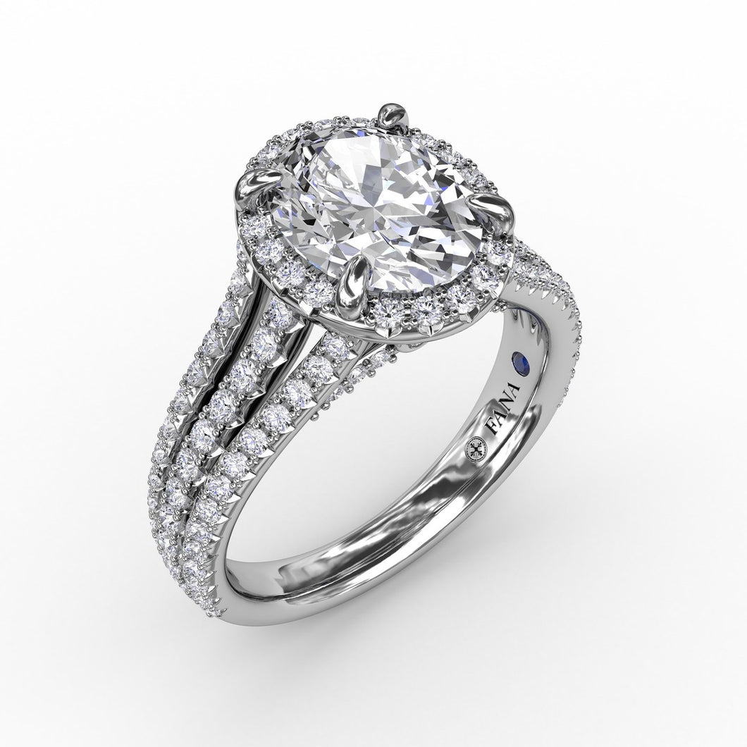 Fana Oval Diamond Halo Engagement Ring With Triple-Row Diamond Band