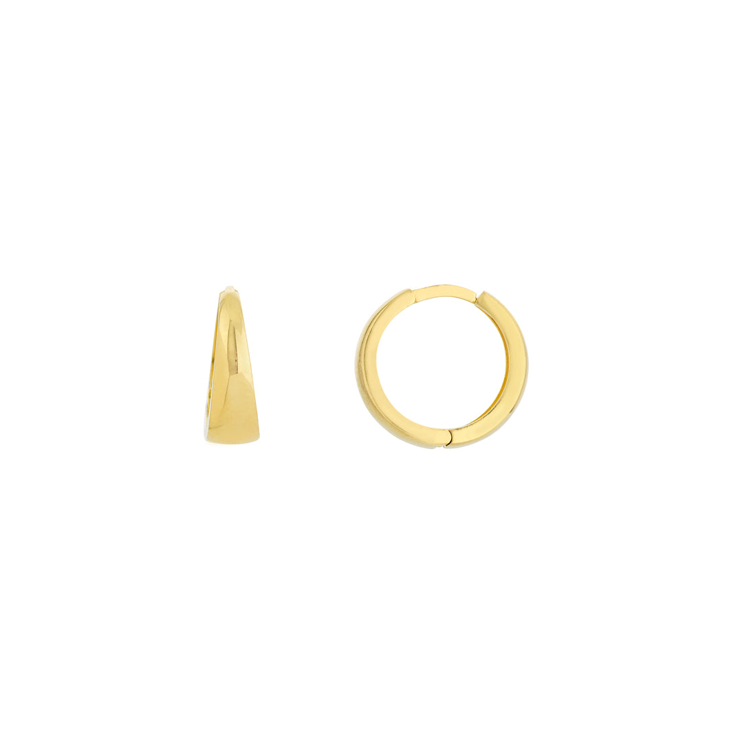 small huggy hoops in a tapered design in yellow gold