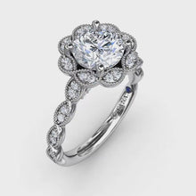 Fana Round Diamond Engagement Ring With Floral Halo and Milgrain Details