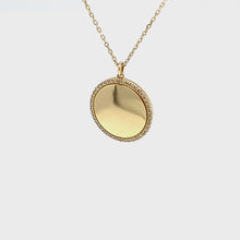 14k yellow gold diamond coin shape engraveable pendant necklace 360 view