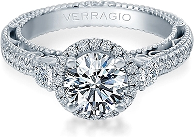 Verragio Three Stone Halo Pave Diamond Engagement Ring